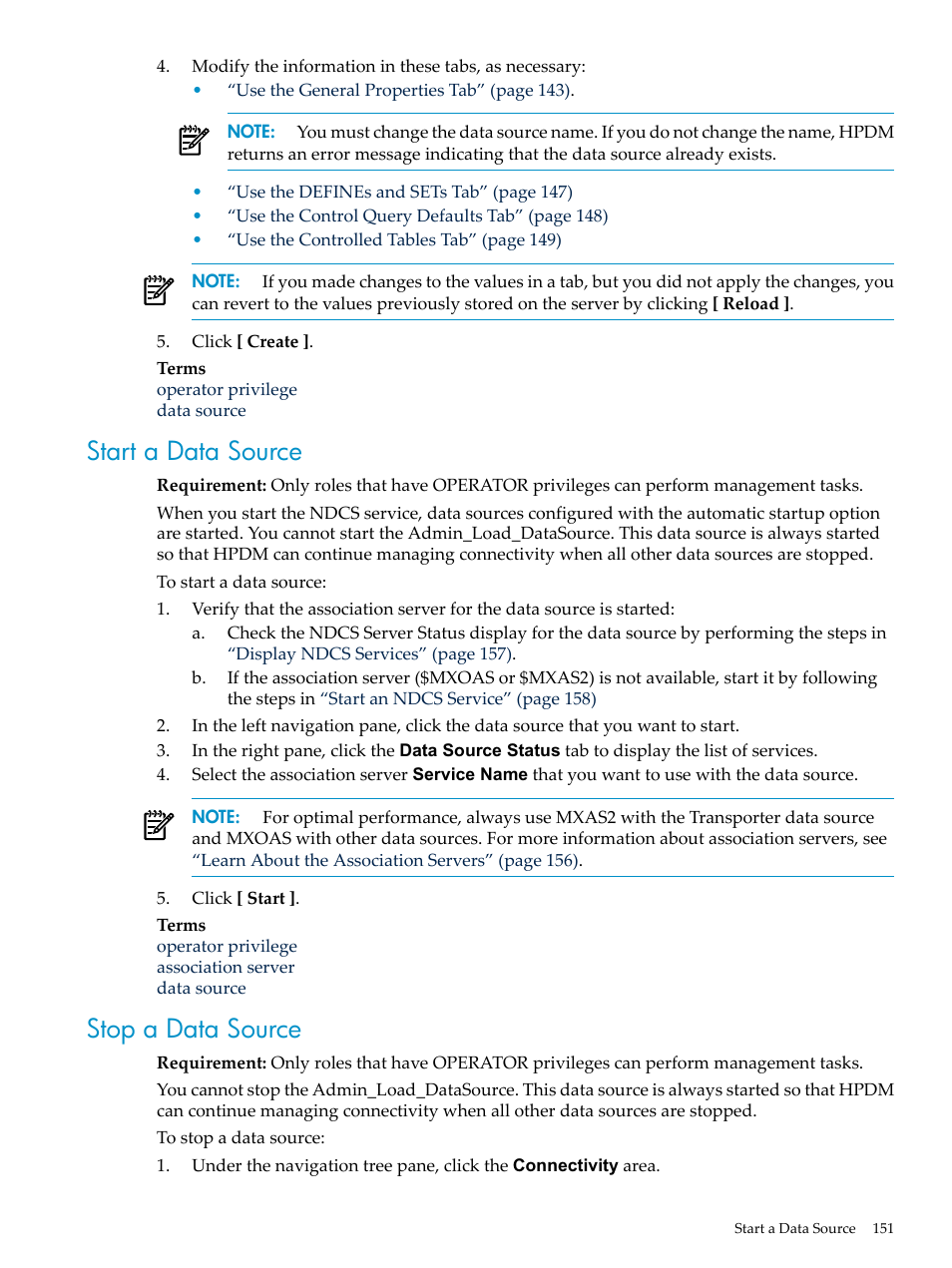 Start a data source, Stop a data source, Start a data source stop a data source | HP Neoview Release 2.5 Software User Manual | Page 151 / 284