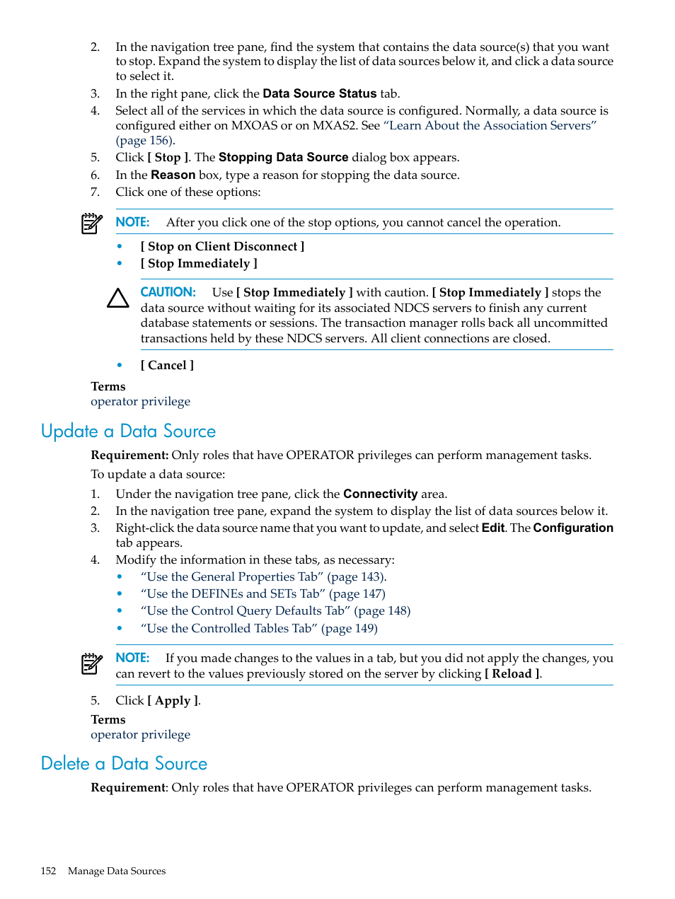 Update a data source, Delete a data source, Update a data source delete a data source | HP Neoview Release 2.5 Software User Manual | Page 152 / 284