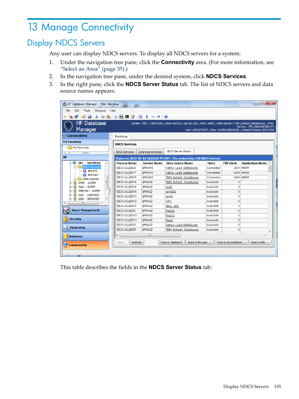 13 manage connectivity, Display ndcs servers | HP Neoview Release 2.5 Software User Manual | Page 155 / 284