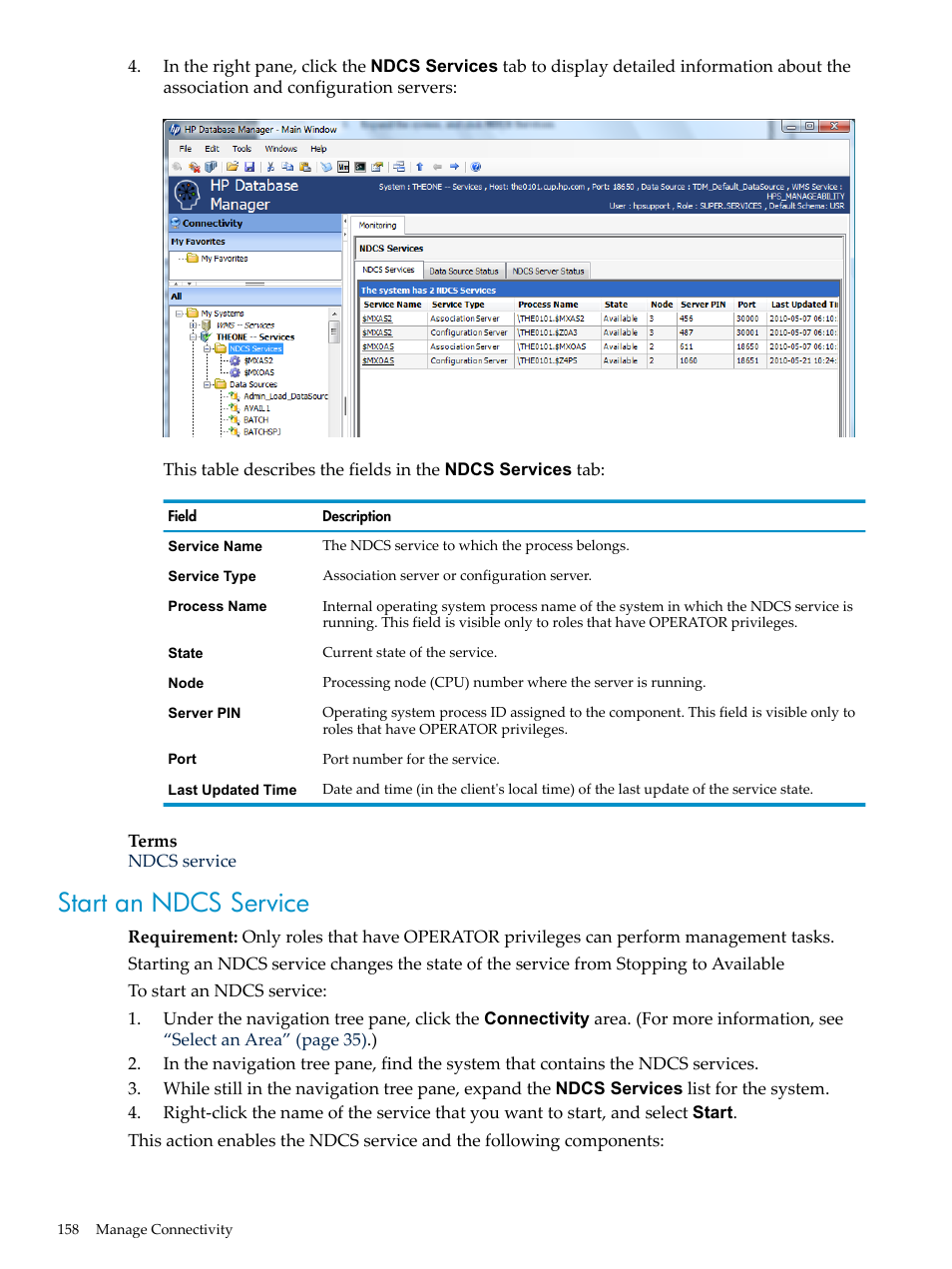 Start an ndcs service | HP Neoview Release 2.5 Software User Manual | Page 158 / 284