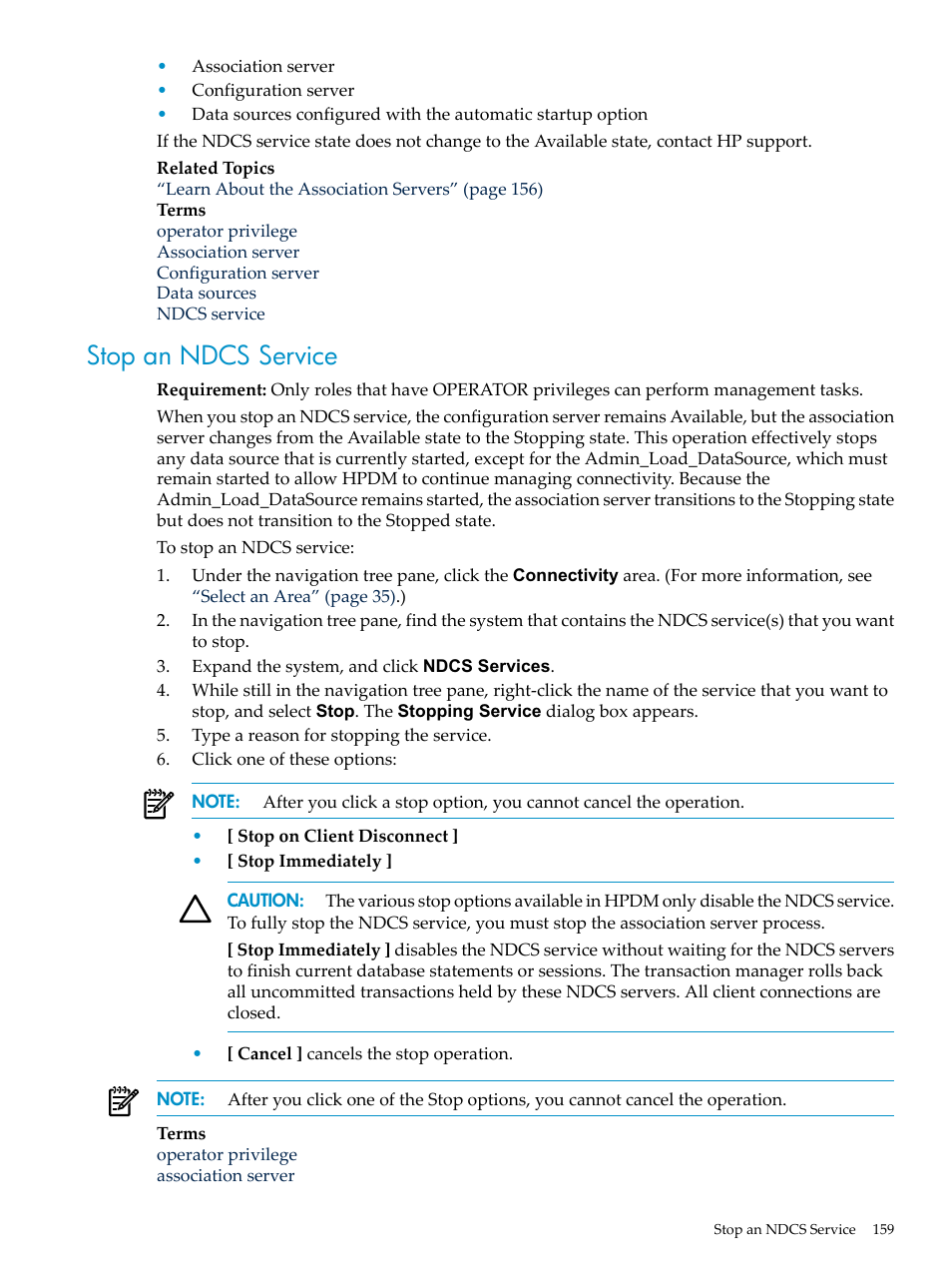 Stop an ndcs service | HP Neoview Release 2.5 Software User Manual | Page 159 / 284