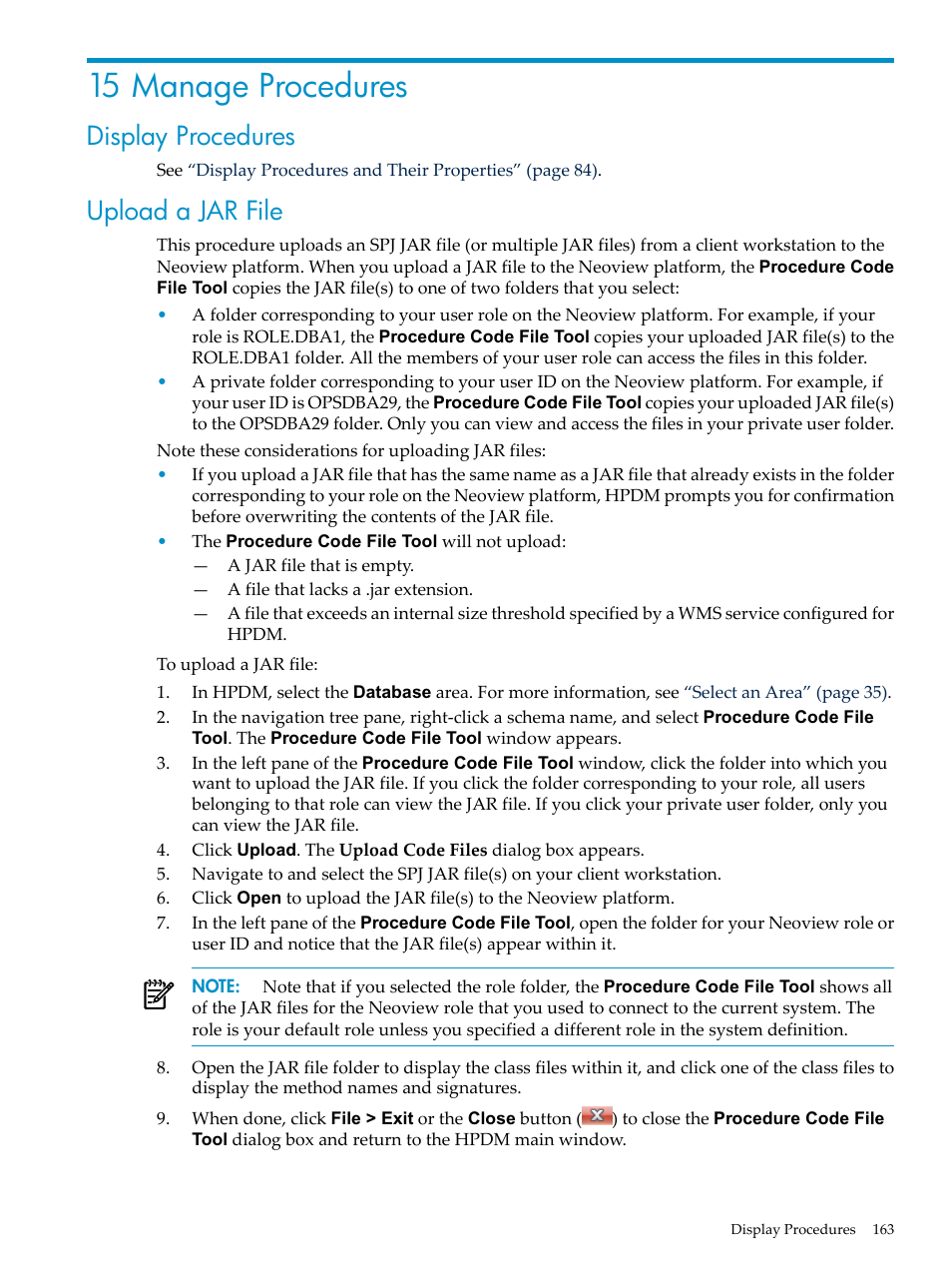 15 manage procedures, Display procedures, Upload a jar file | Display procedures upload a jar file | HP Neoview Release 2.5 Software User Manual | Page 163 / 284