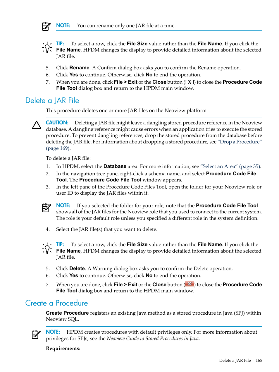 Delete a jar file, Create a procedure, Delete a jar file create a procedure | HP Neoview Release 2.5 Software User Manual | Page 165 / 284