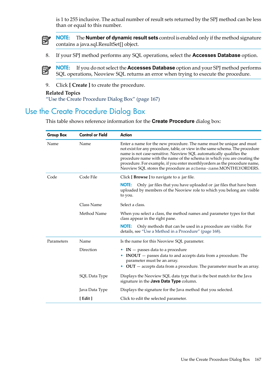 Use the create procedure dialog box | HP Neoview Release 2.5 Software User Manual | Page 167 / 284