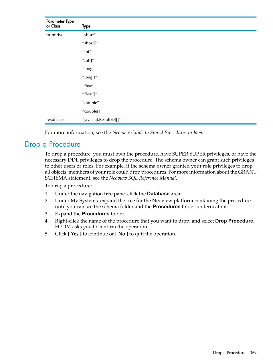 Drop a procedure | HP Neoview Release 2.5 Software User Manual | Page 169 / 284