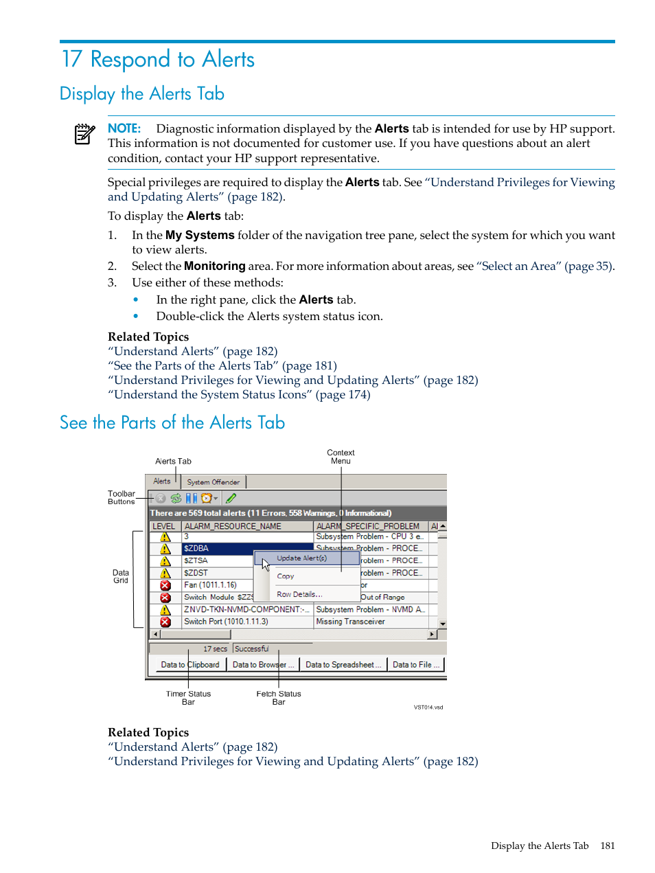 17 respond to alerts, Display the alerts tab, See the parts of the alerts tab | HP Neoview Release 2.5 Software User Manual | Page 181 / 284