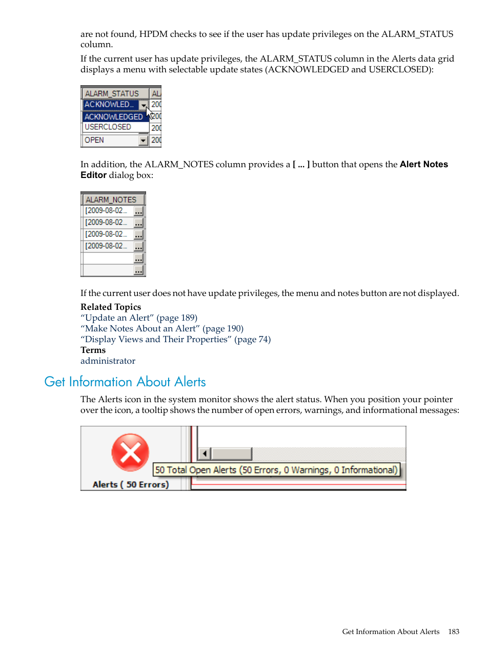 Get information about alerts, Get information about | HP Neoview Release 2.5 Software User Manual | Page 183 / 284