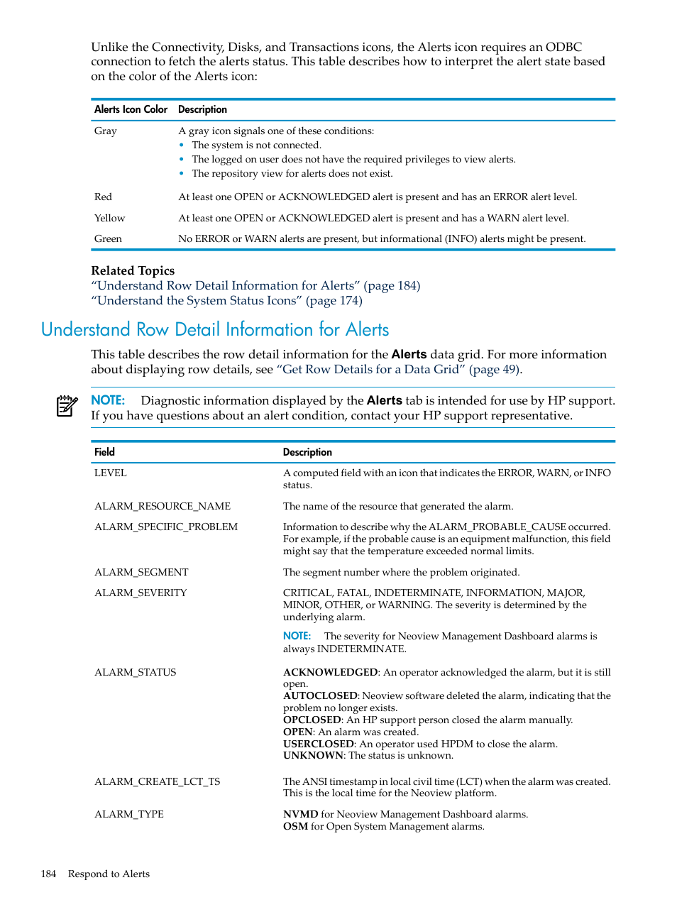 Understand row detail information for alerts | HP Neoview Release 2.5 Software User Manual | Page 184 / 284