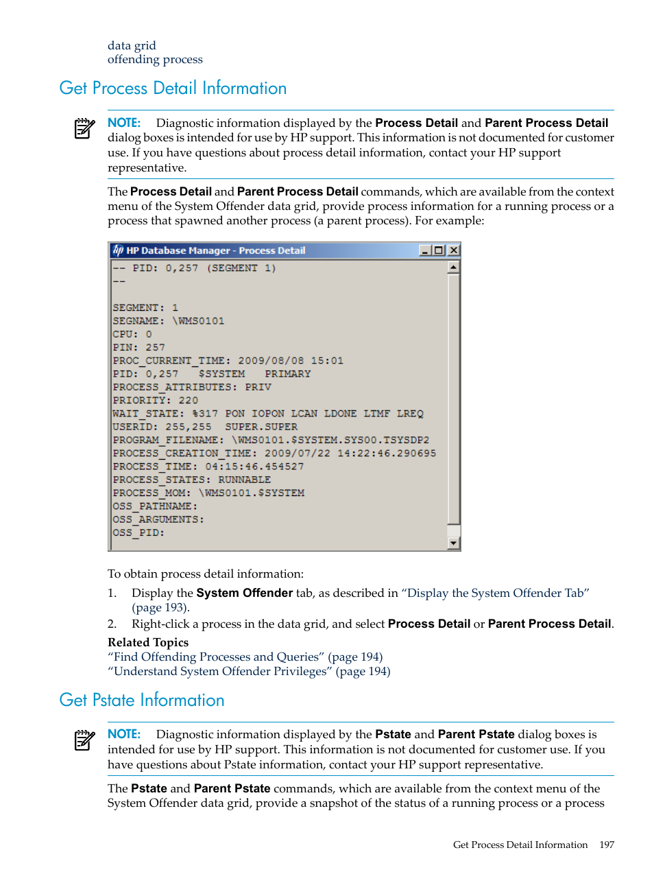 Get process detail information, Get pstate information | HP Neoview Release 2.5 Software User Manual | Page 197 / 284