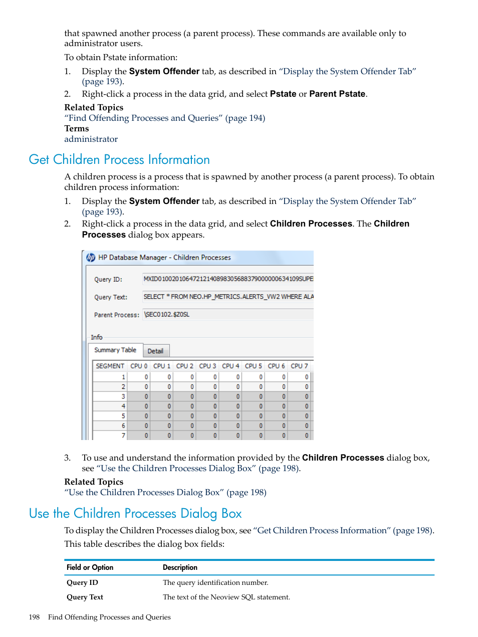 Get children process information, Use the children processes dialog box | HP Neoview Release 2.5 Software User Manual | Page 198 / 284