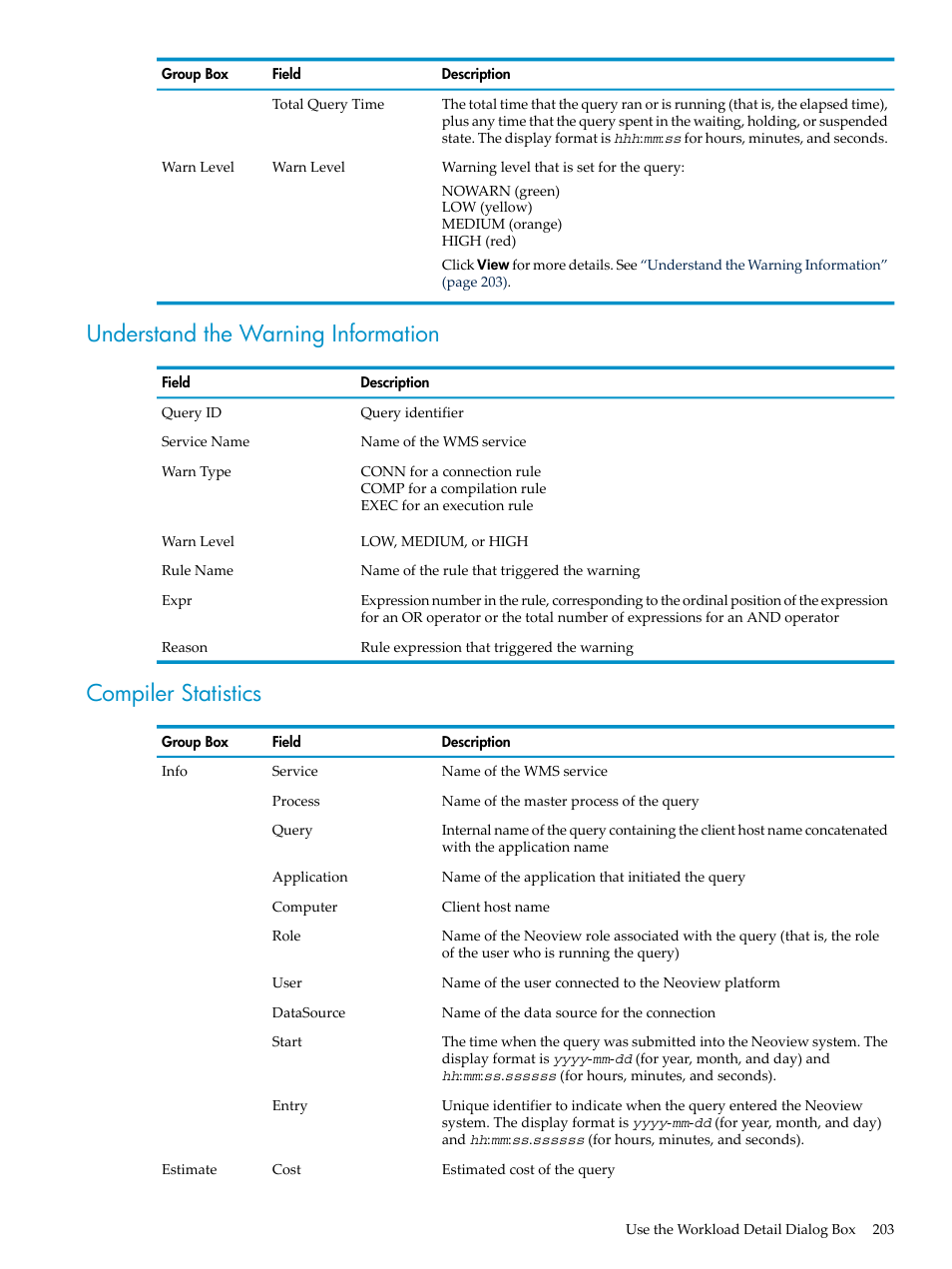 Understand the warning information, Compiler statistics | HP Neoview Release 2.5 Software User Manual | Page 203 / 284