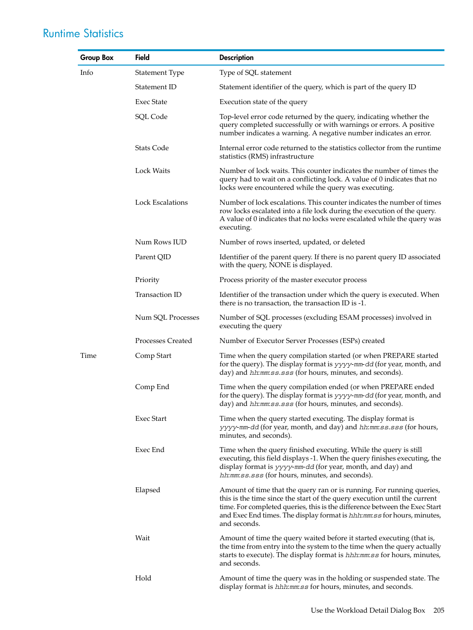 Runtime statistics | HP Neoview Release 2.5 Software User Manual | Page 205 / 284