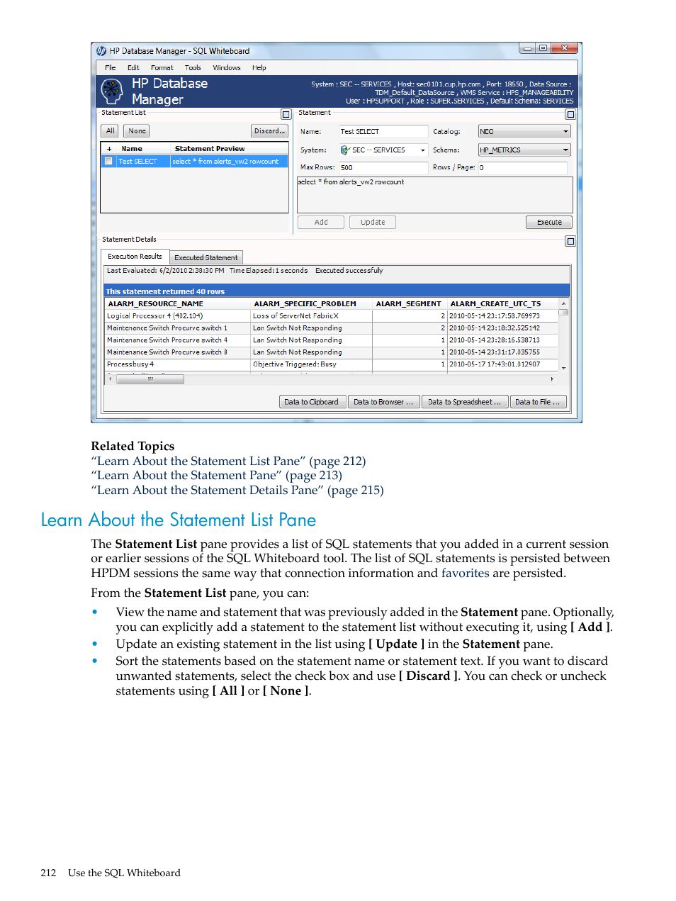 Learn about the statement list pane | HP Neoview Release 2.5 Software User Manual | Page 212 / 284