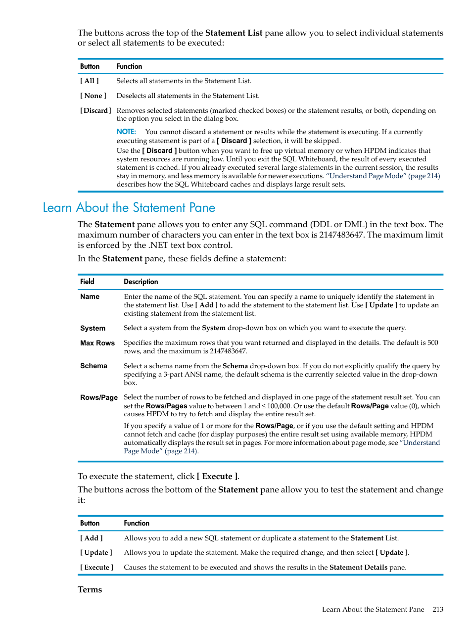 Learn about the statement pane | HP Neoview Release 2.5 Software User Manual | Page 213 / 284