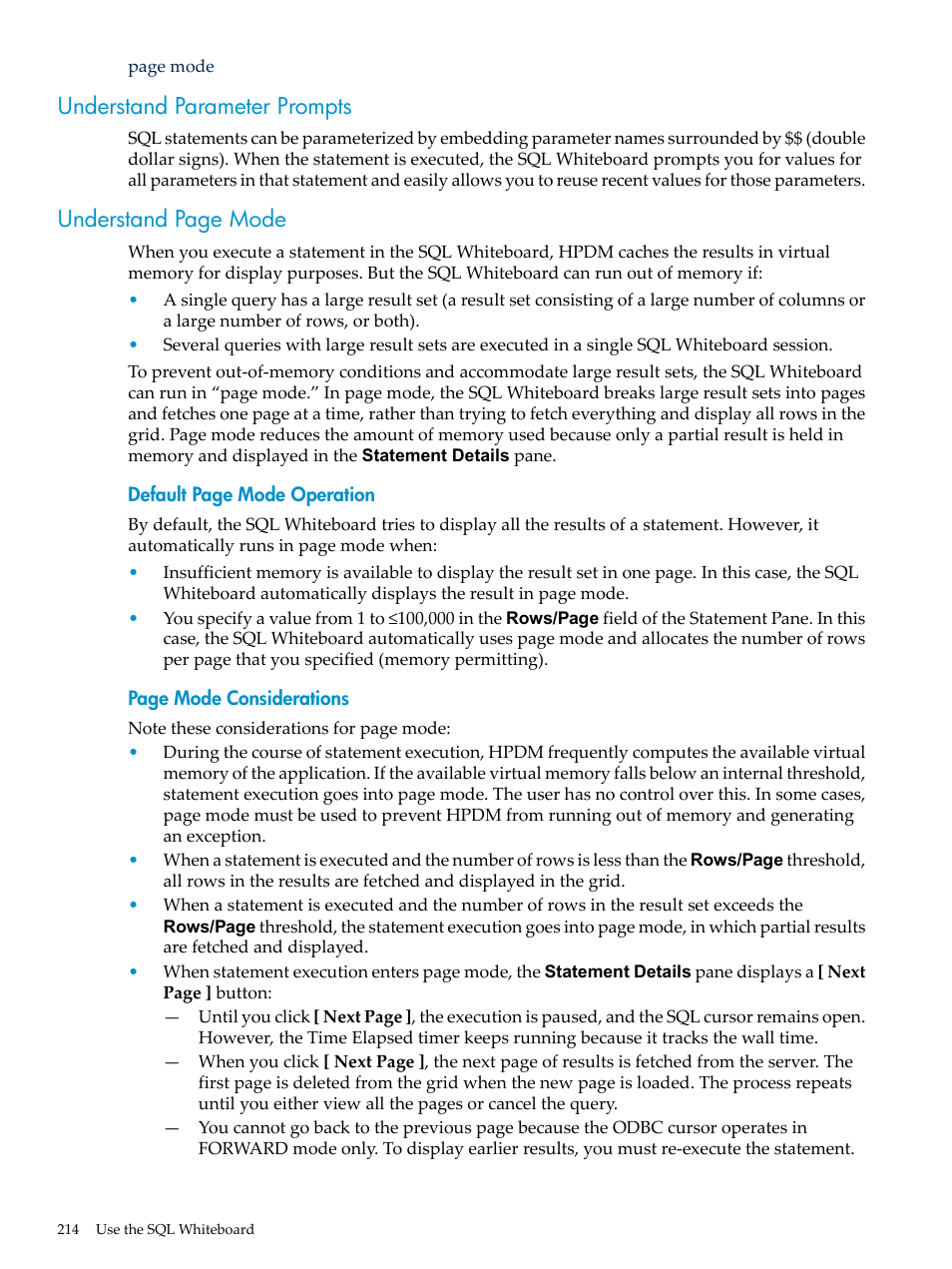 Understand parameter prompts, Understand page mode | HP Neoview Release 2.5 Software User Manual | Page 214 / 284