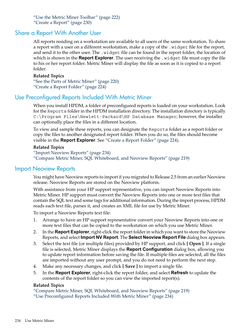 Share a report with another user, Import neoview reports | HP Neoview Release 2.5 Software User Manual | Page 234 / 284