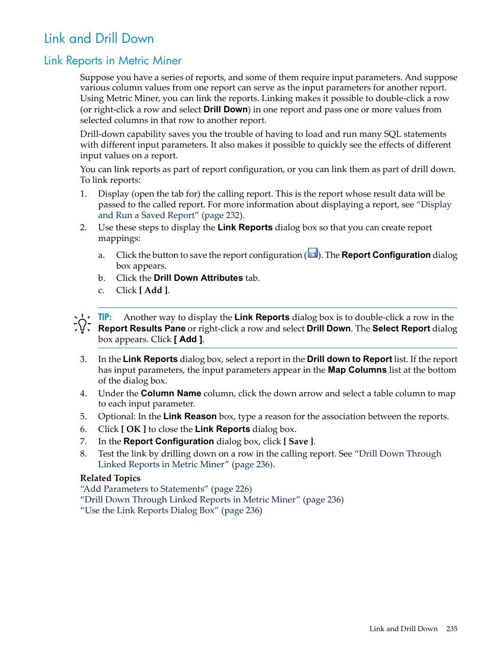 Link and drill down, Link reports in metric miner, Link | HP Neoview Release 2.5 Software User Manual | Page 235 / 284