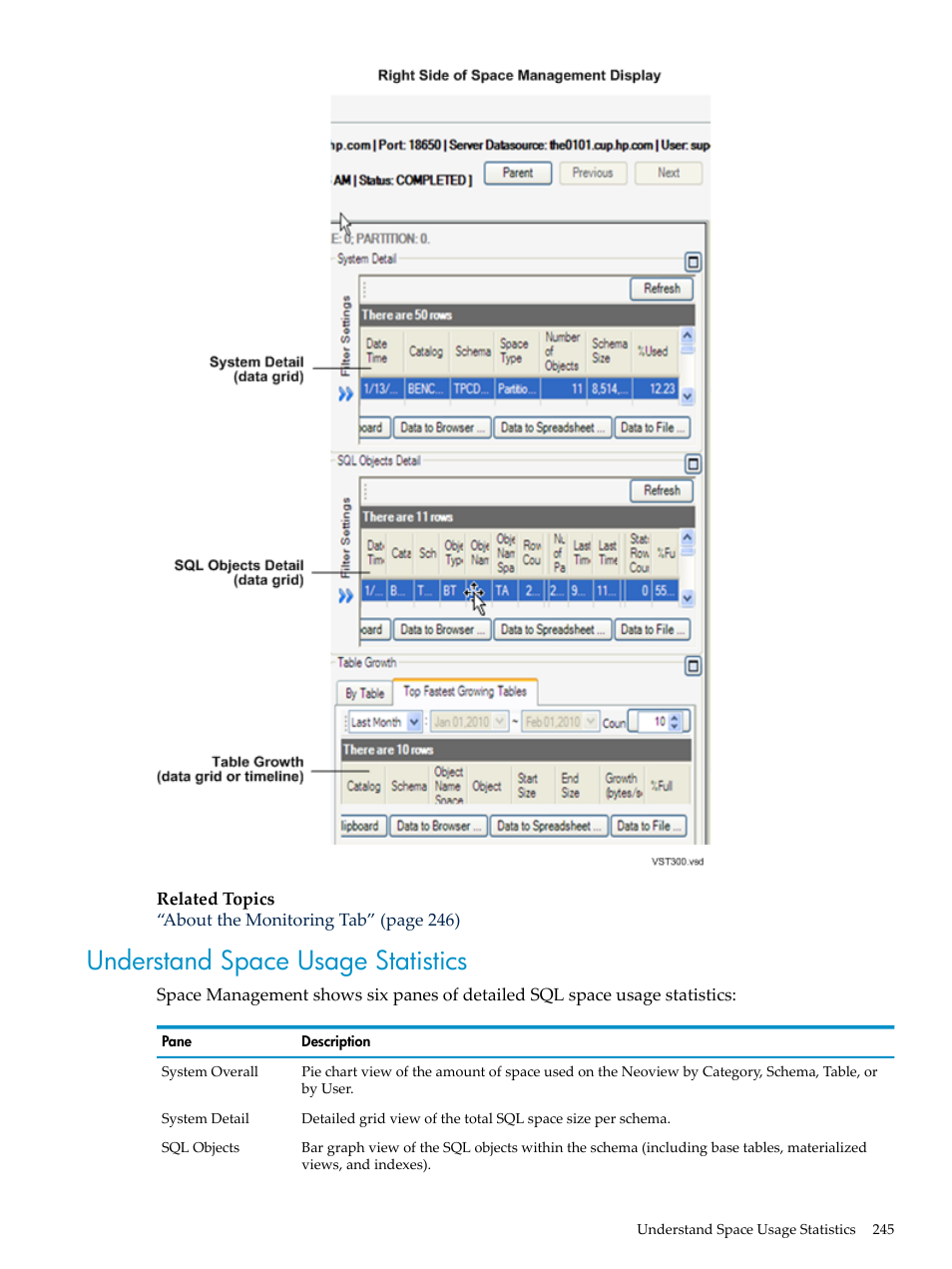 Understand space usage statistics | HP Neoview Release 2.5 Software User Manual | Page 245 / 284