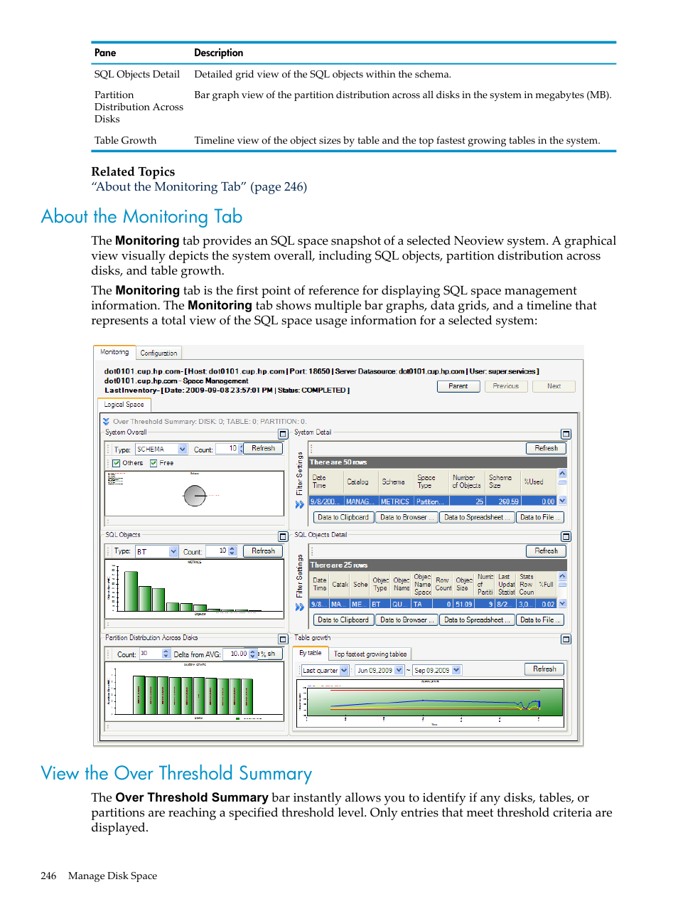 About the monitoring tab, View the over threshold summary | HP Neoview Release 2.5 Software User Manual | Page 246 / 284