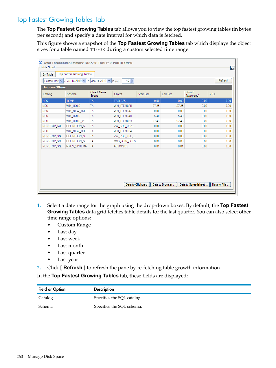 Top fastest growing tables tab | HP Neoview Release 2.5 Software User Manual | Page 260 / 284