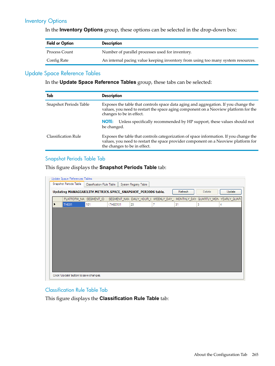 Inventory options, Update space reference tables, Snapshot periods table tab | Classification rule table tab, Inventory options update space reference tables | HP Neoview Release 2.5 Software User Manual | Page 265 / 284