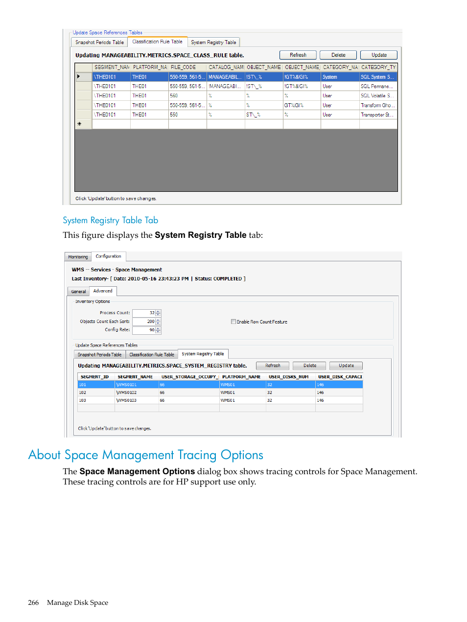 System registry table tab, About space management tracing options | HP Neoview Release 2.5 Software User Manual | Page 266 / 284