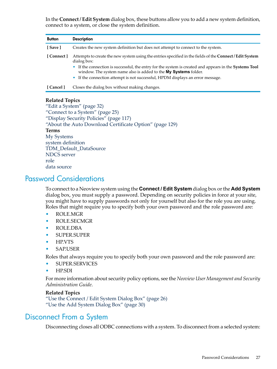 Password considerations, Disconnect from a system, Password considerations disconnect from a system | HP Neoview Release 2.5 Software User Manual | Page 27 / 284