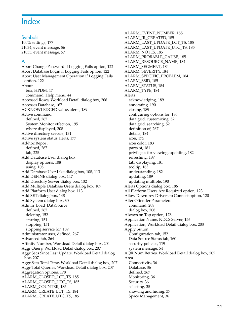 Index | HP Neoview Release 2.5 Software User Manual | Page 271 / 284