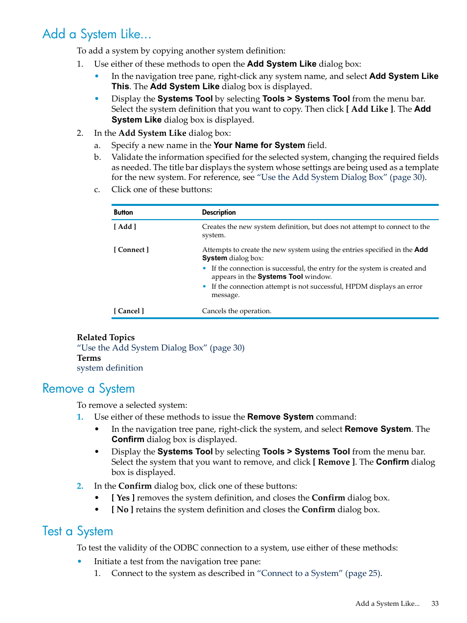 Add a system like, Remove a system, Test a system | Add a system like remove a system test a system | HP Neoview Release 2.5 Software User Manual | Page 33 / 284