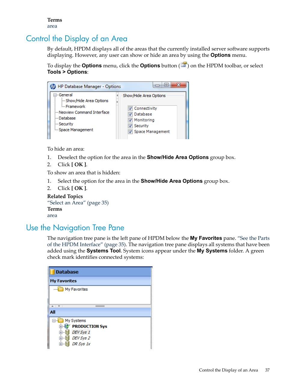 Control the display of an area, Use the navigation tree pane, Use the | Use the navigation | HP Neoview Release 2.5 Software User Manual | Page 37 / 284