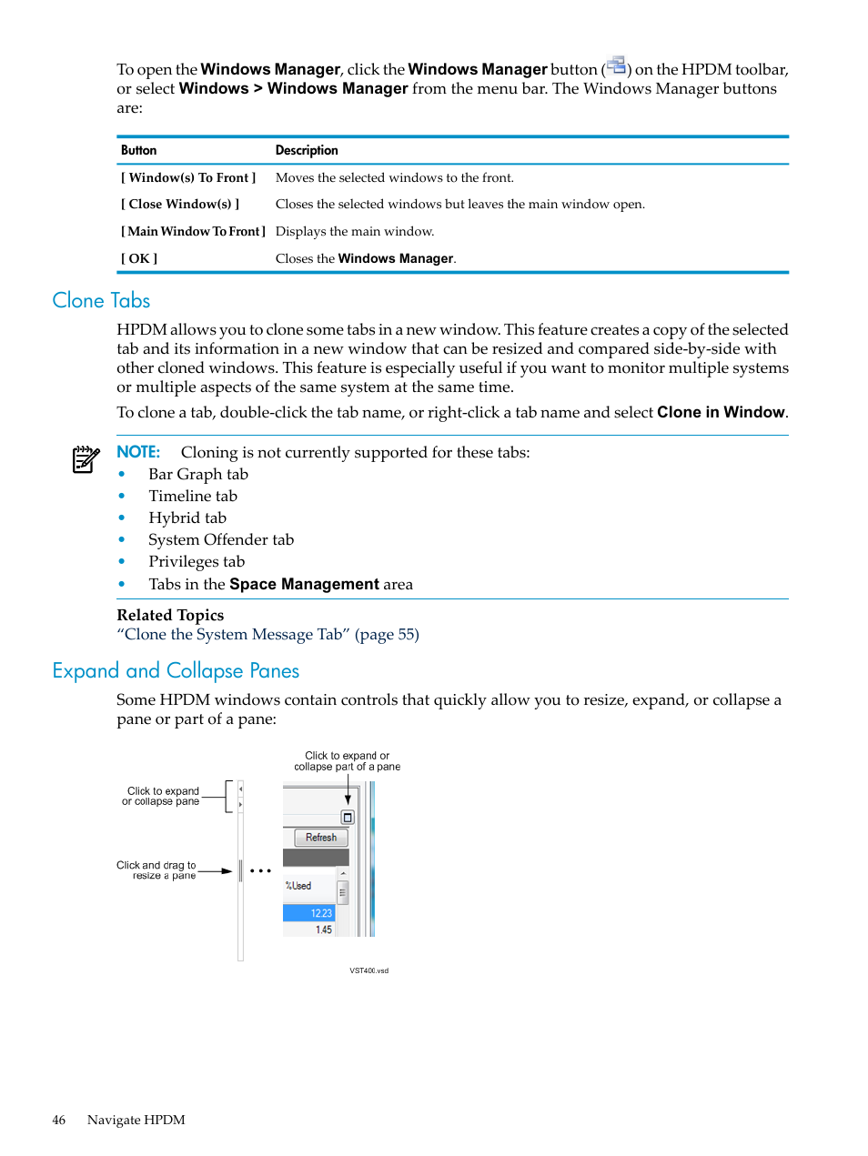 Clone tabs, Expand and collapse panes, Clone tabs expand and collapse panes | HP Neoview Release 2.5 Software User Manual | Page 46 / 284