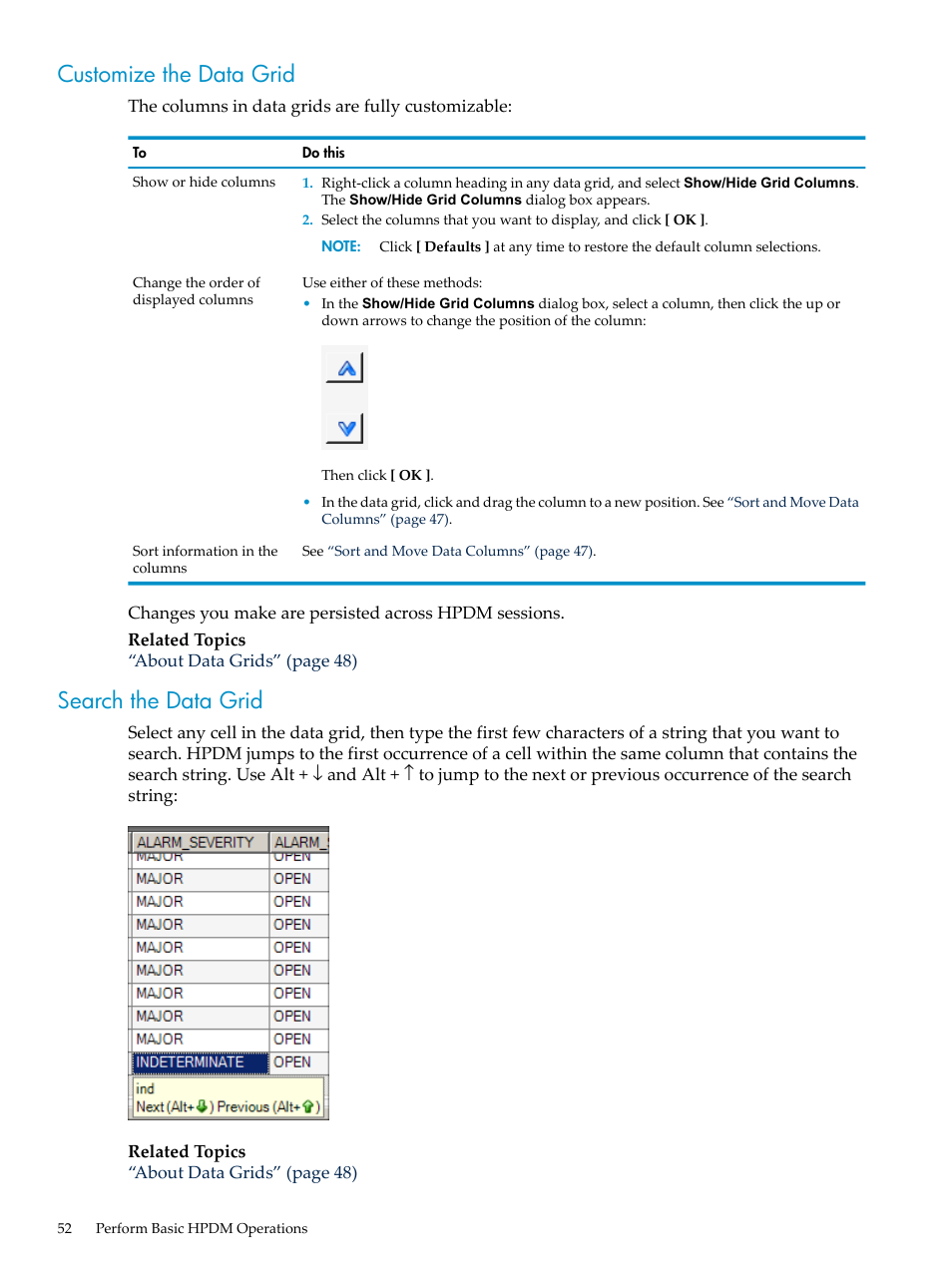 Customize the data grid, Search the data grid, Customize the data grid search the data grid | HP Neoview Release 2.5 Software User Manual | Page 52 / 284