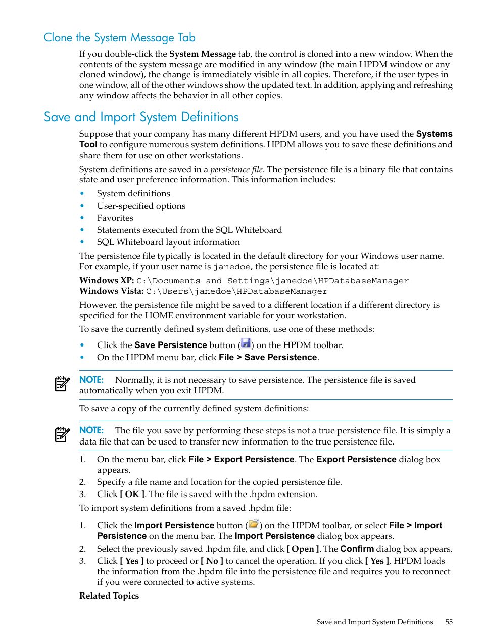 Clone the system message tab, Save and import system definitions, Save and import | HP Neoview Release 2.5 Software User Manual | Page 55 / 284