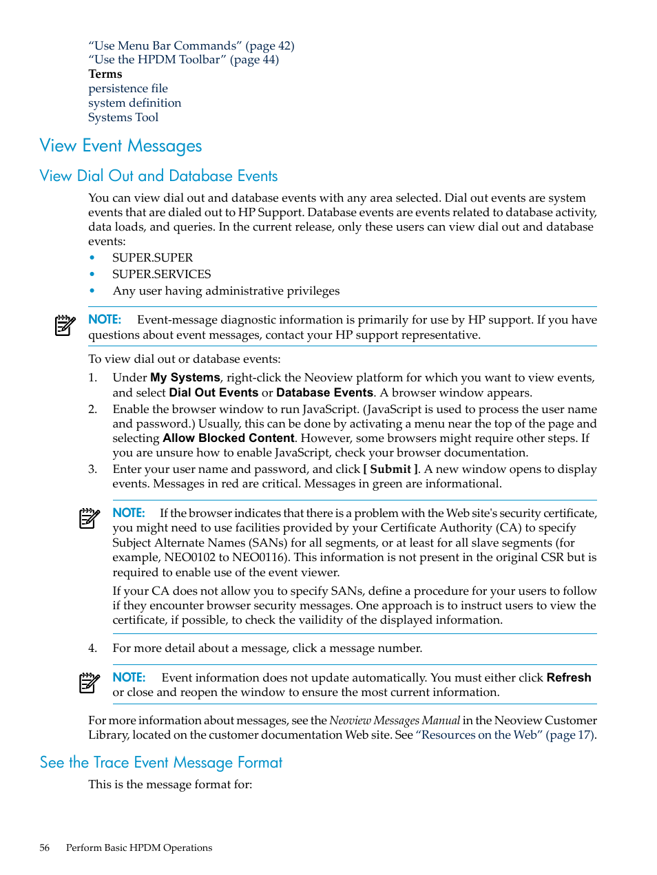 View event messages, View dial out and database events, See the trace event message format | HP Neoview Release 2.5 Software User Manual | Page 56 / 284