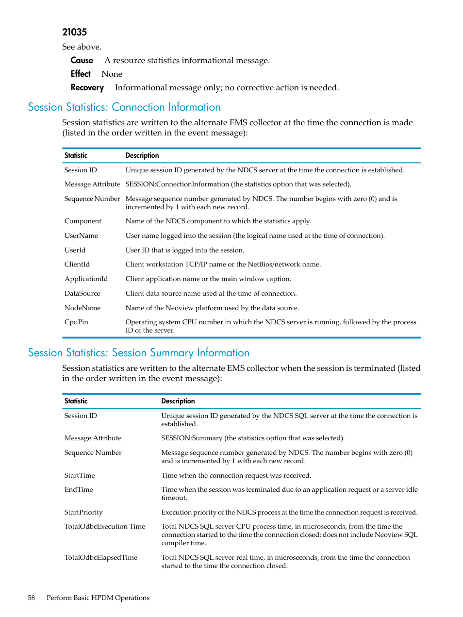 Session statistics: connection information, Session statistics: session summary information | HP Neoview Release 2.5 Software User Manual | Page 58 / 284