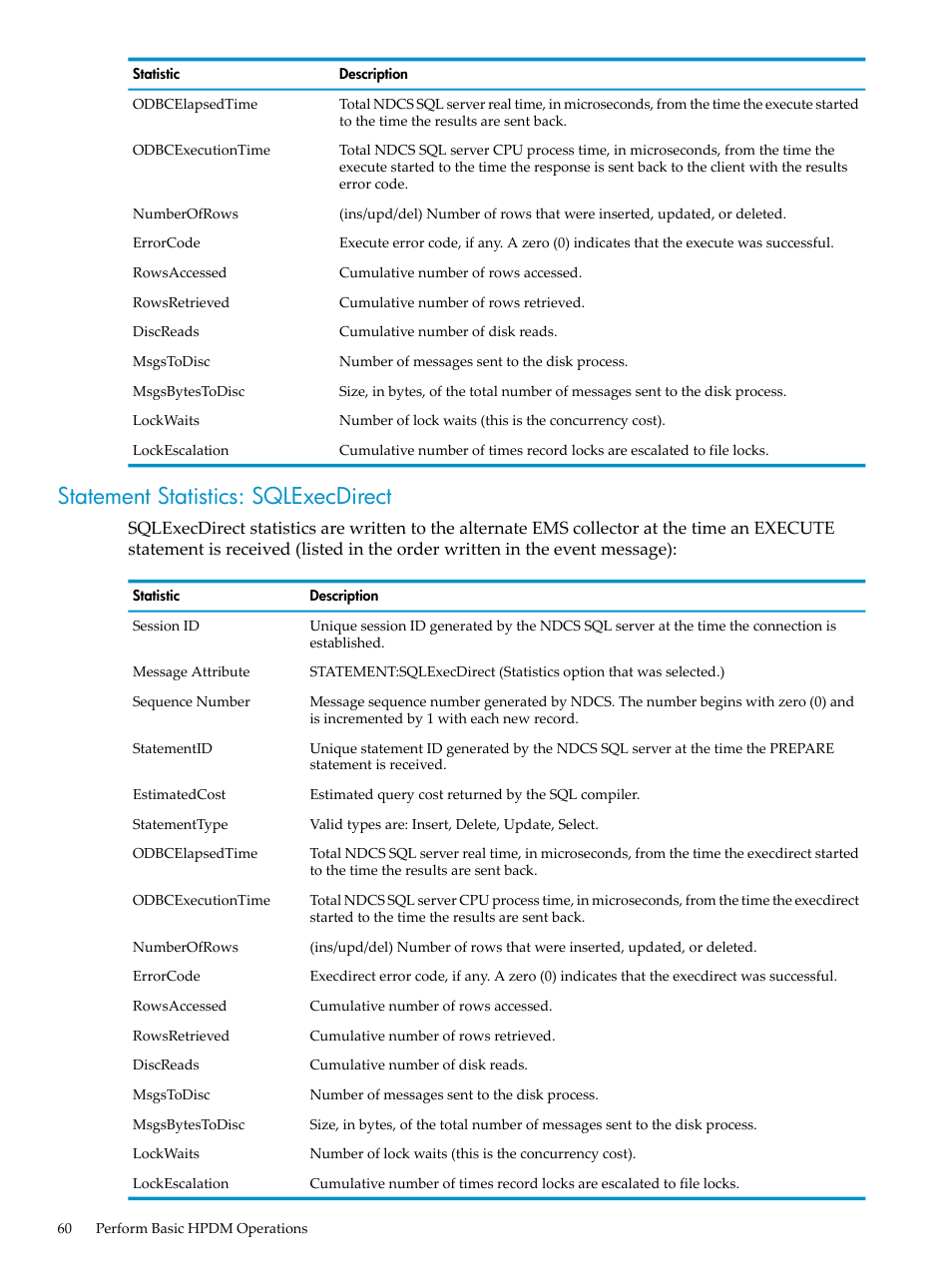 Statement statistics: sqlexecdirect | HP Neoview Release 2.5 Software User Manual | Page 60 / 284