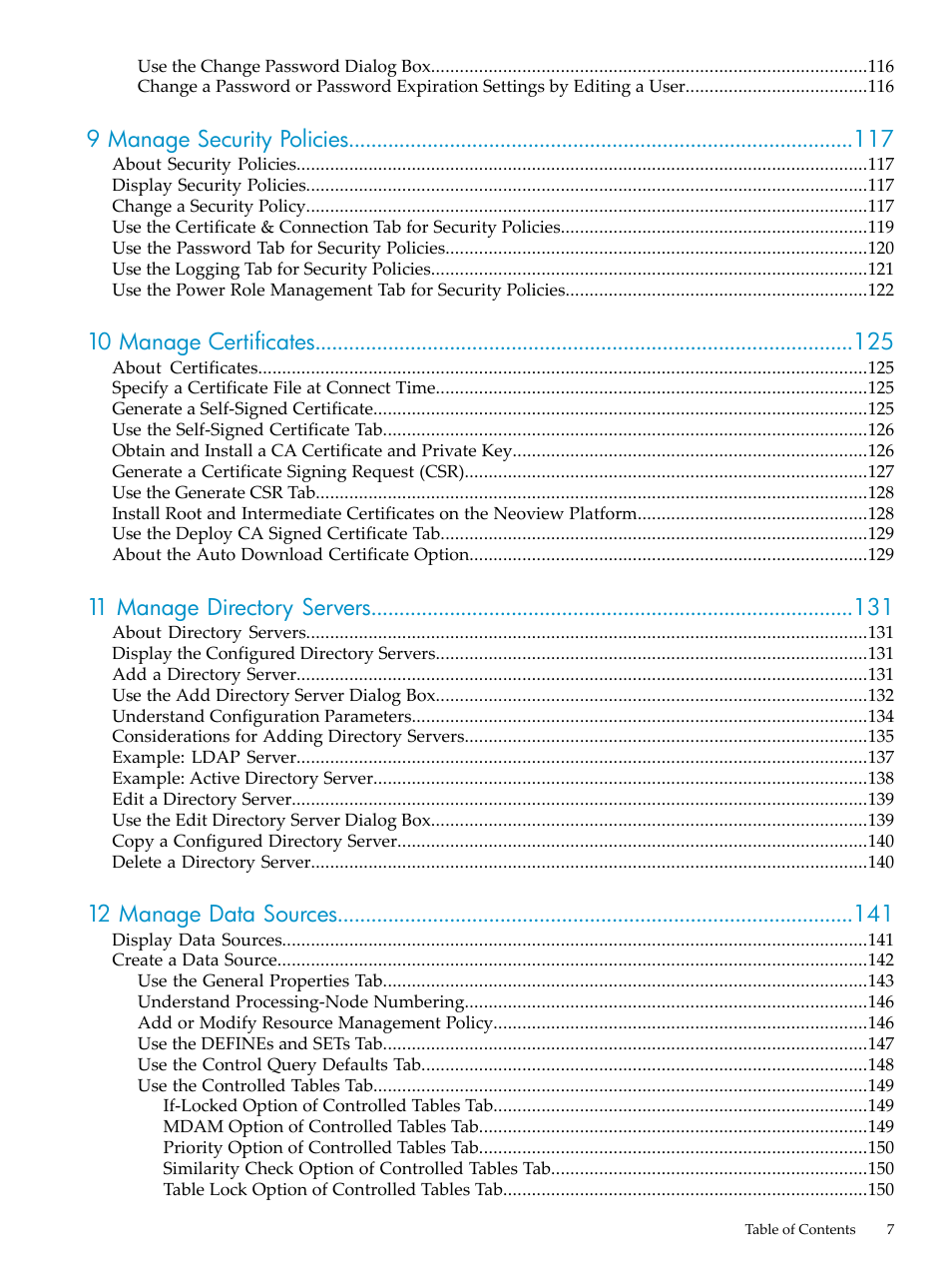 9 manage security policies, 10 manage certificates, 11 manage directory servers | 12 manage data sources | HP Neoview Release 2.5 Software User Manual | Page 7 / 284