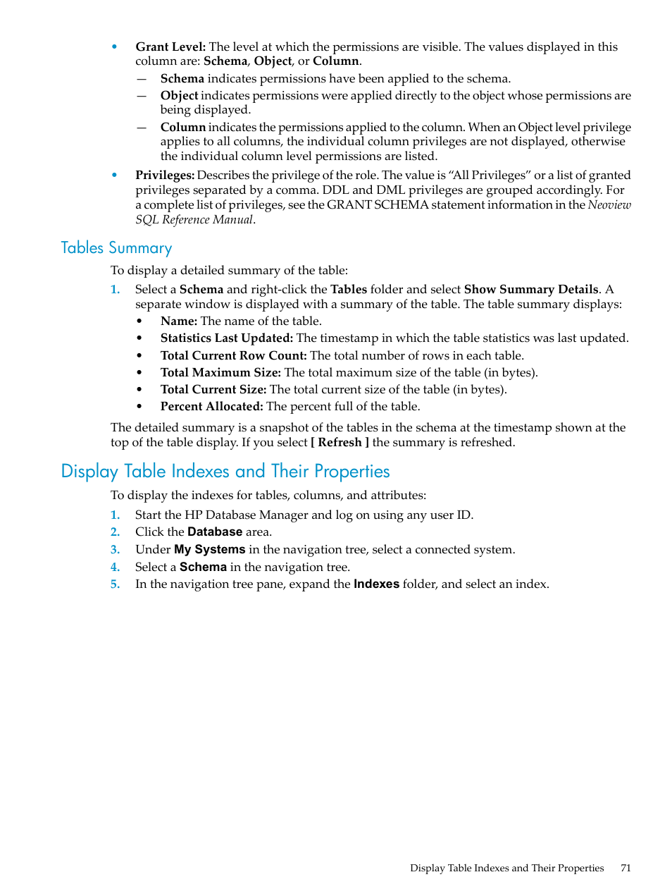 Tables summary, Display table indexes and their properties | HP Neoview Release 2.5 Software User Manual | Page 71 / 284