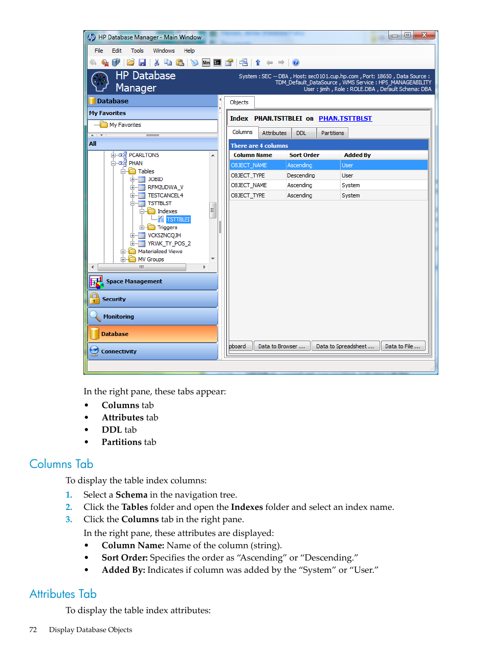 Columns tab, Attributes tab, Columns tab attributes tab | HP Neoview Release 2.5 Software User Manual | Page 72 / 284