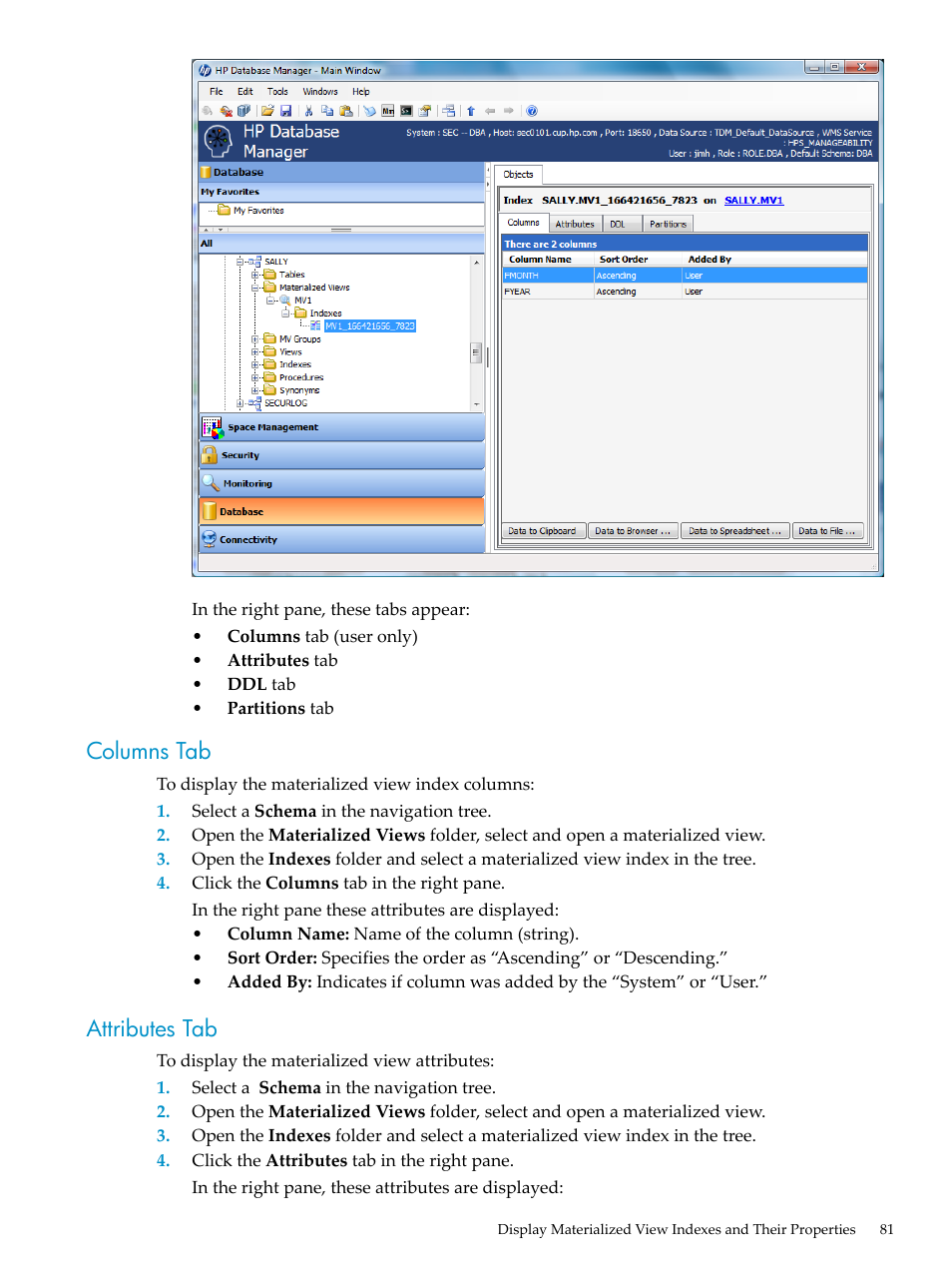 Columns tab, Attributes tab, Columns tab attributes tab | HP Neoview Release 2.5 Software User Manual | Page 81 / 284