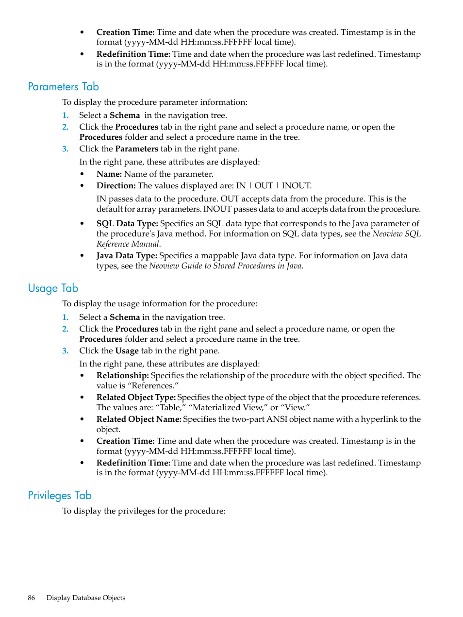 Parameters tab, Usage tab, Privileges tab | Parameters tab usage tab privileges tab | HP Neoview Release 2.5 Software User Manual | Page 86 / 284