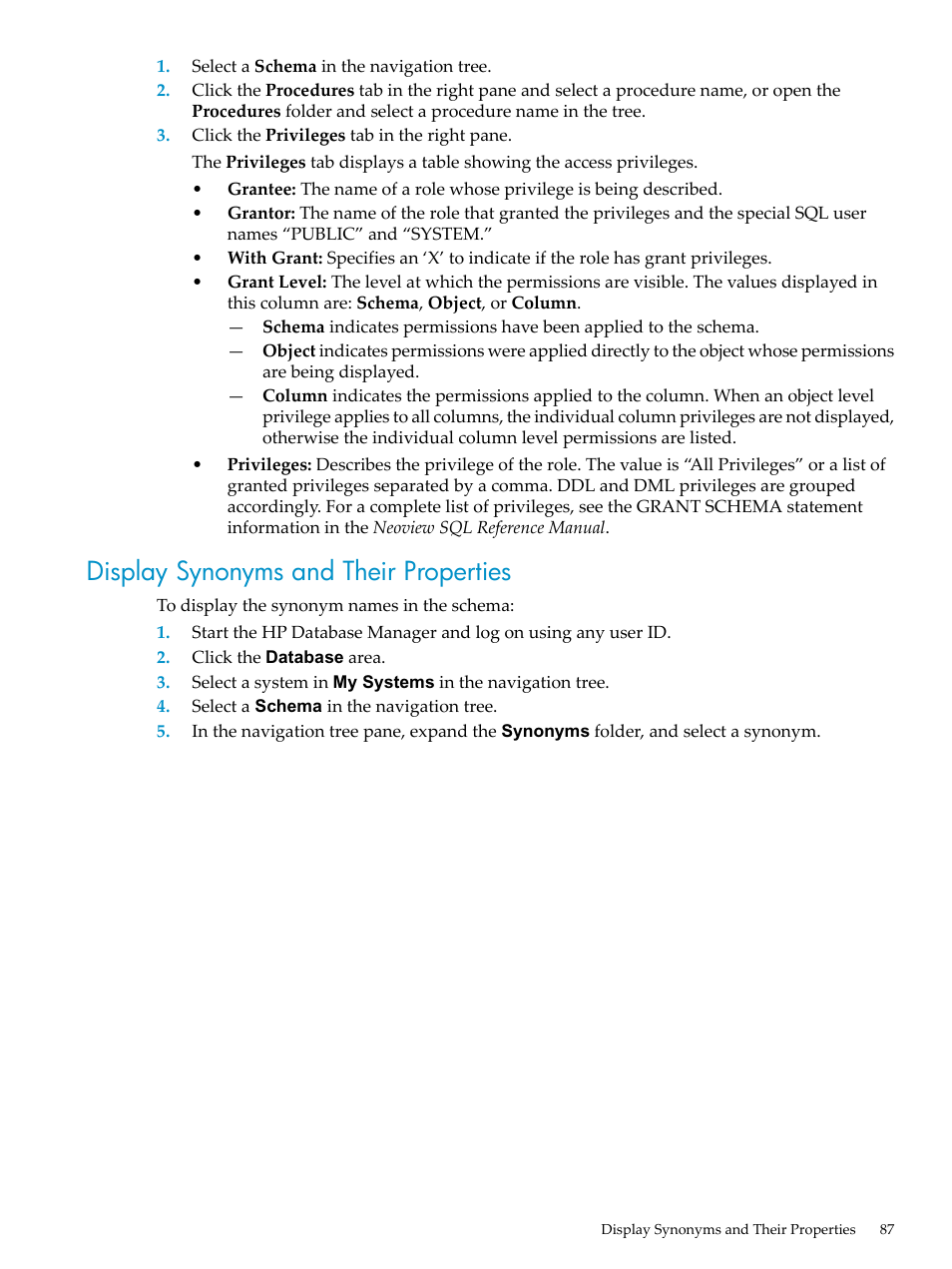 Display synonyms and their properties | HP Neoview Release 2.5 Software User Manual | Page 87 / 284