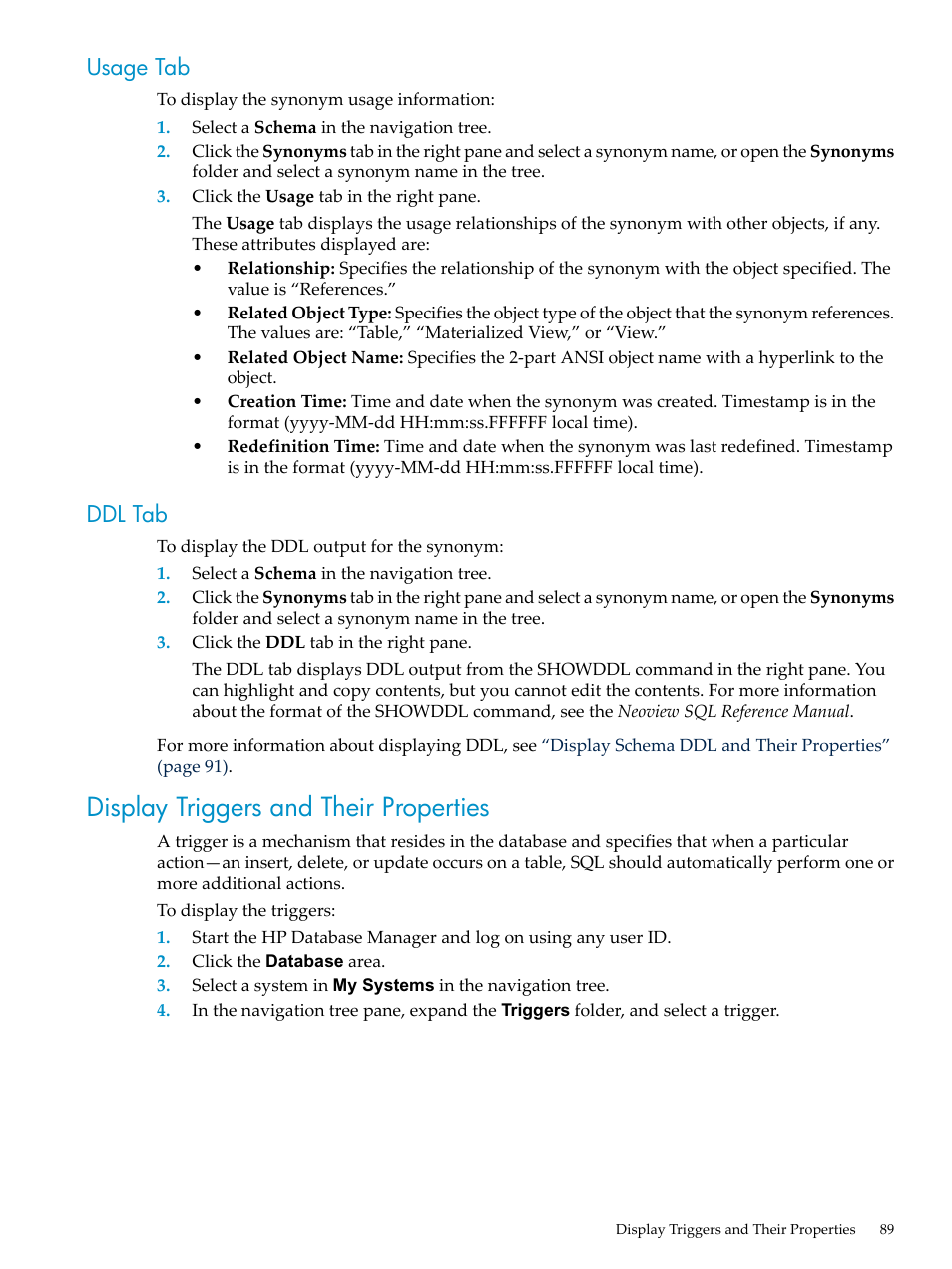 Usage tab, Ddl tab, Display triggers and their properties | Usage tab ddl tab | HP Neoview Release 2.5 Software User Manual | Page 89 / 284