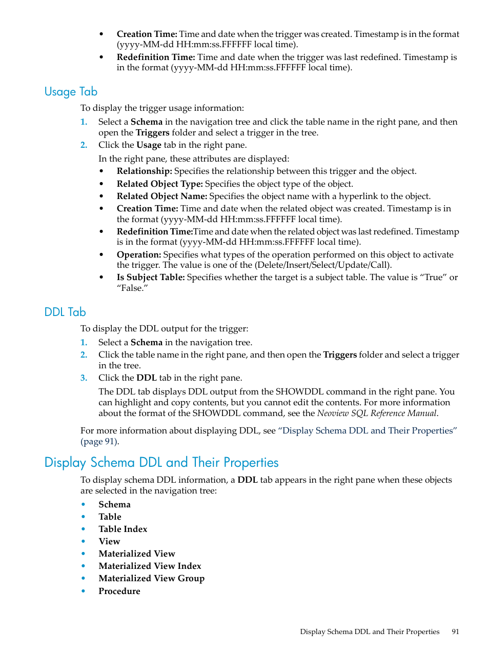 Usage tab, Ddl tab, Display schema ddl and their properties | Usage tab ddl tab | HP Neoview Release 2.5 Software User Manual | Page 91 / 284