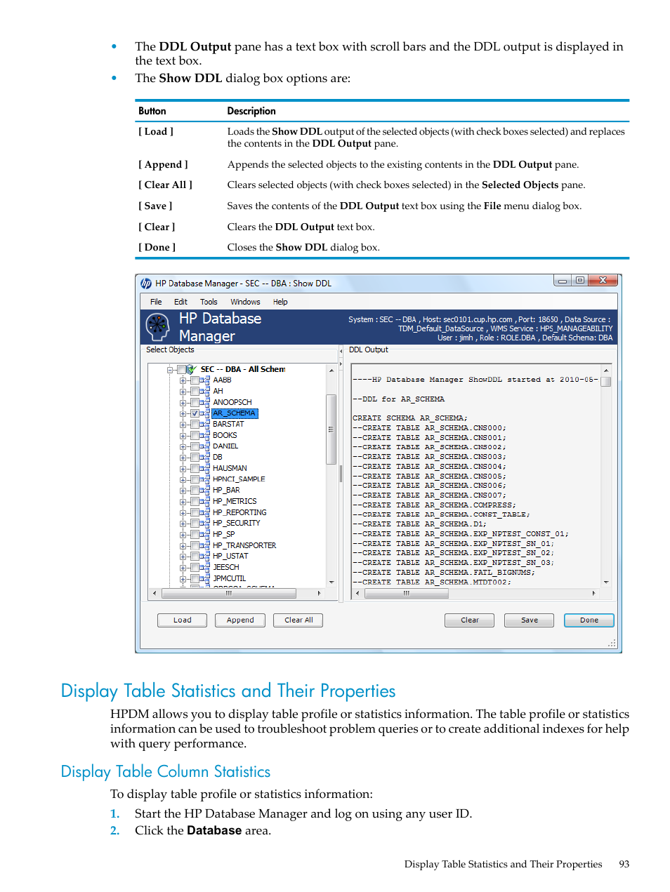 Display table statistics and their properties, Display table column statistics, Display table statistics and their | HP Neoview Release 2.5 Software User Manual | Page 93 / 284