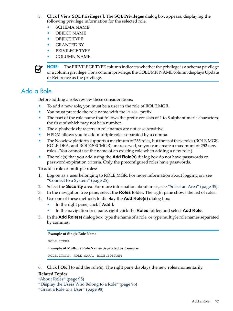 Add a role | HP Neoview Release 2.5 Software User Manual | Page 97 / 284