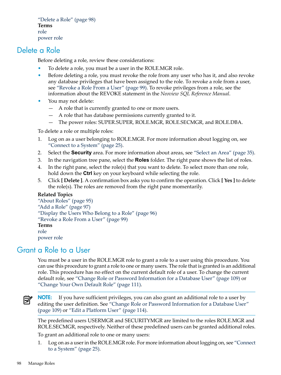 Delete a role, Grant a role to a user, Delete a role grant a role to a user | HP Neoview Release 2.5 Software User Manual | Page 98 / 284