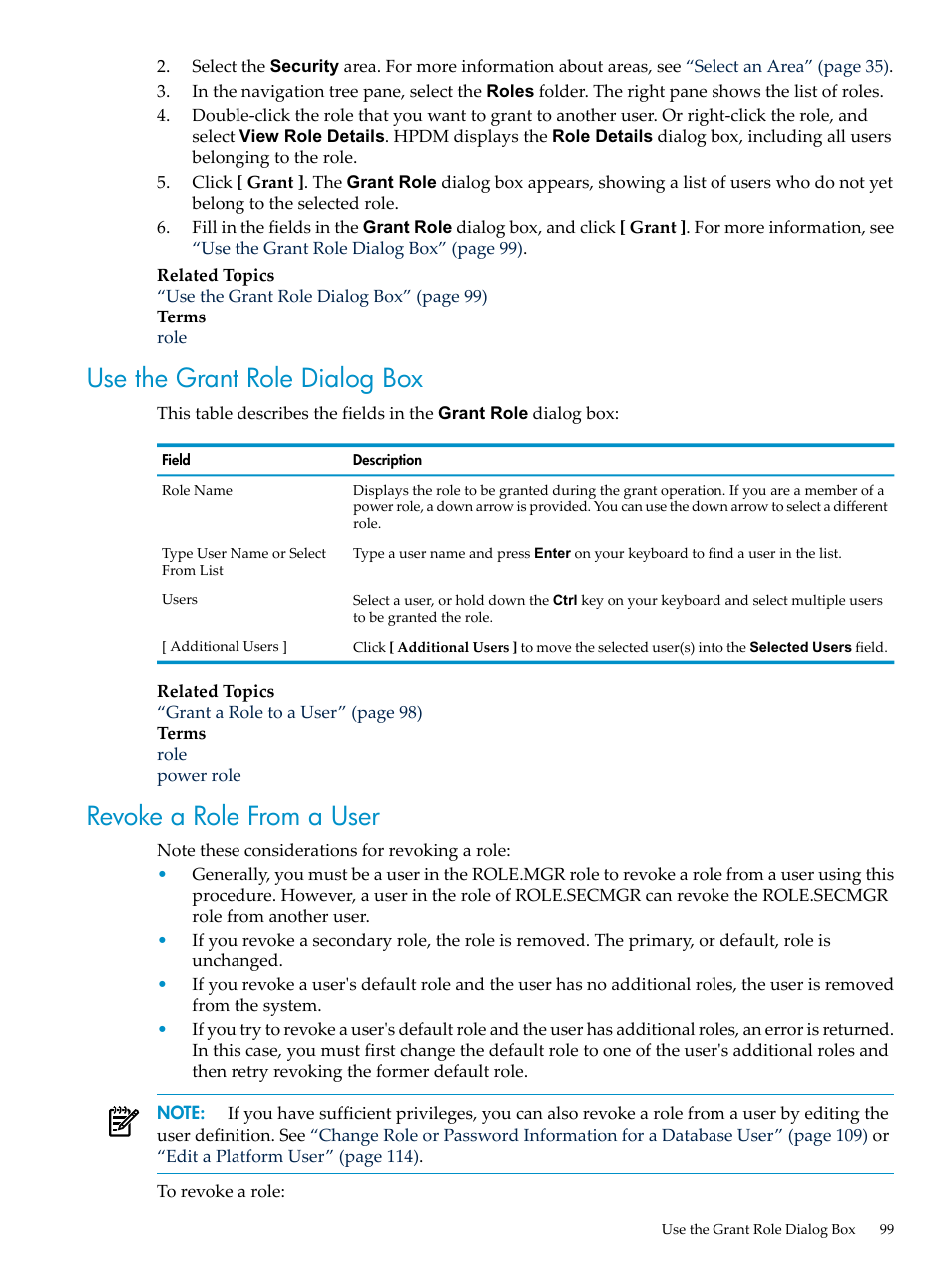 Use the grant role dialog box, Revoke a role from a user | HP Neoview Release 2.5 Software User Manual | Page 99 / 284