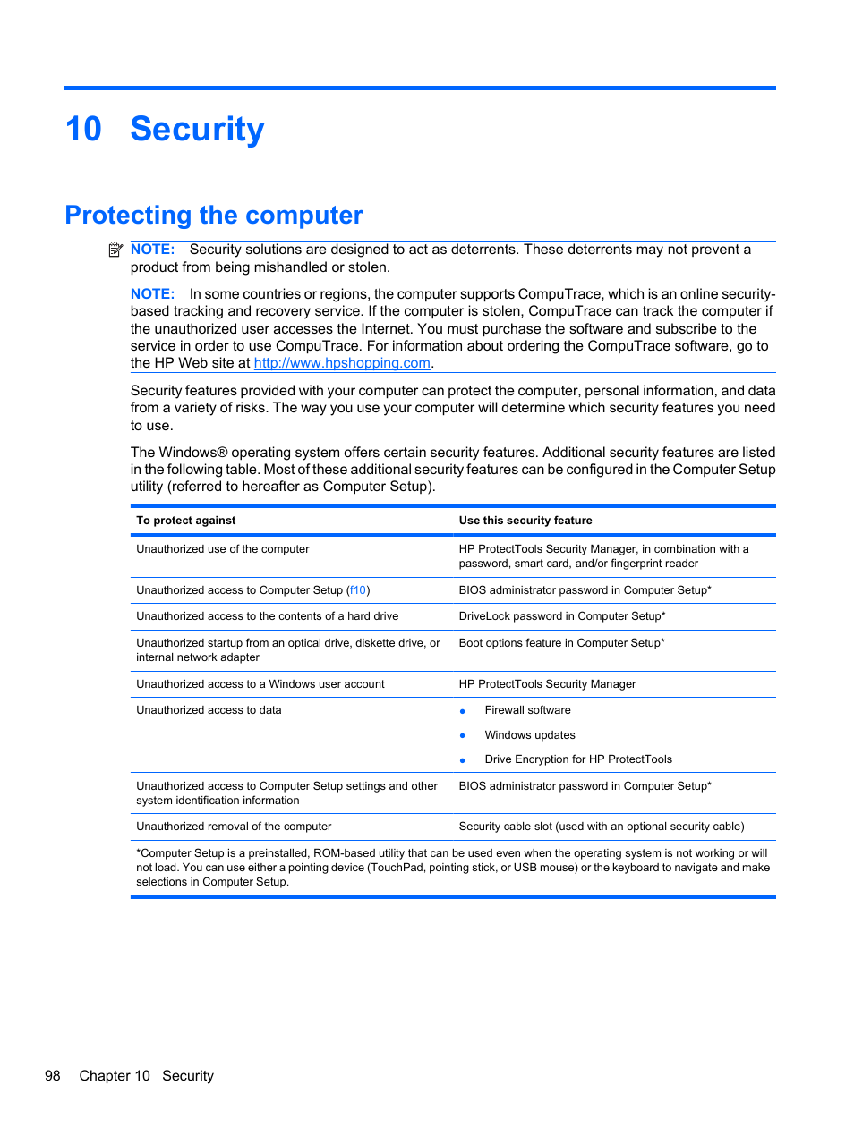 Security, Protecting the computer, 10 security | HP EliteBook 8740w Mobile Workstation User Manual | Page 110 / 152