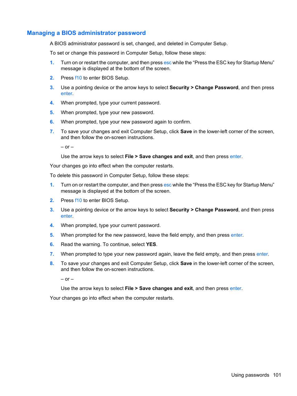 Managing a bios administrator password | HP EliteBook 8740w Mobile Workstation User Manual | Page 113 / 152